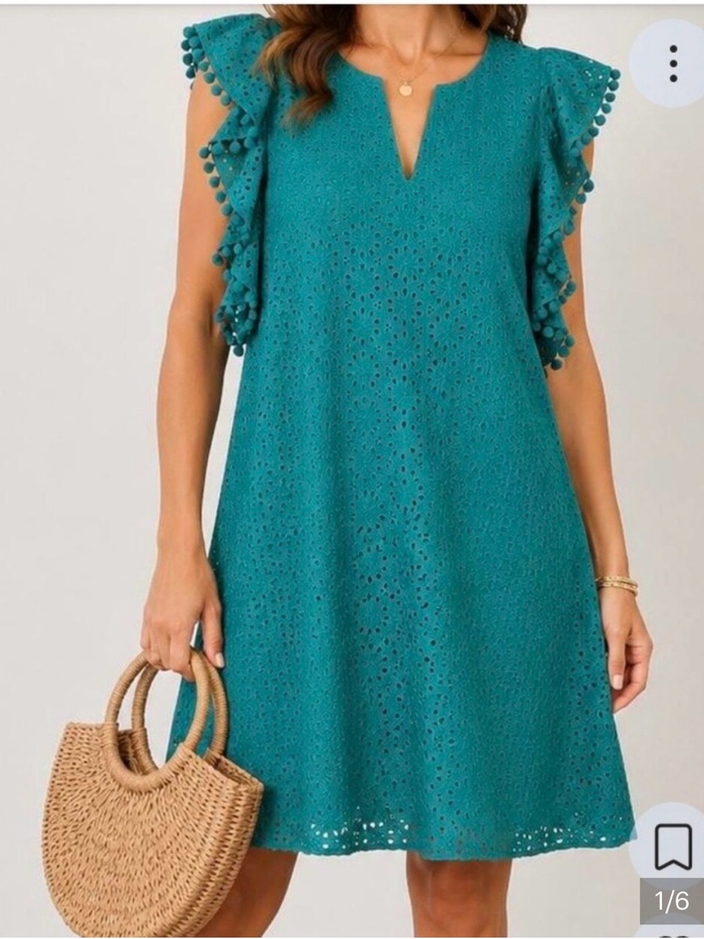 Lilly Pulitzer Teal Eyelet Shift Dress with Pom Pom Trim